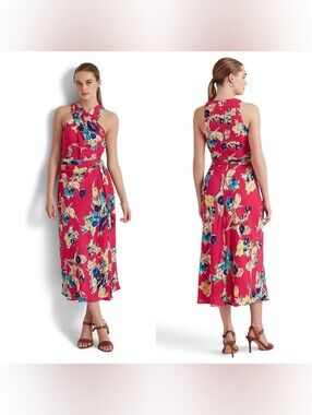 Lauren Ralph Lauren Pink Floral Georgette Halter Midi Dress 4 Wedding Party